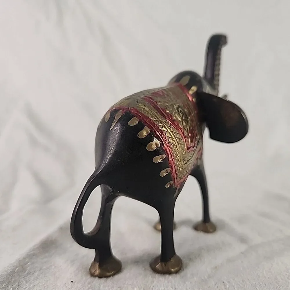 Statue Elephant Brass Figurine Blackened Etched Hand Painted India Luck Vintage